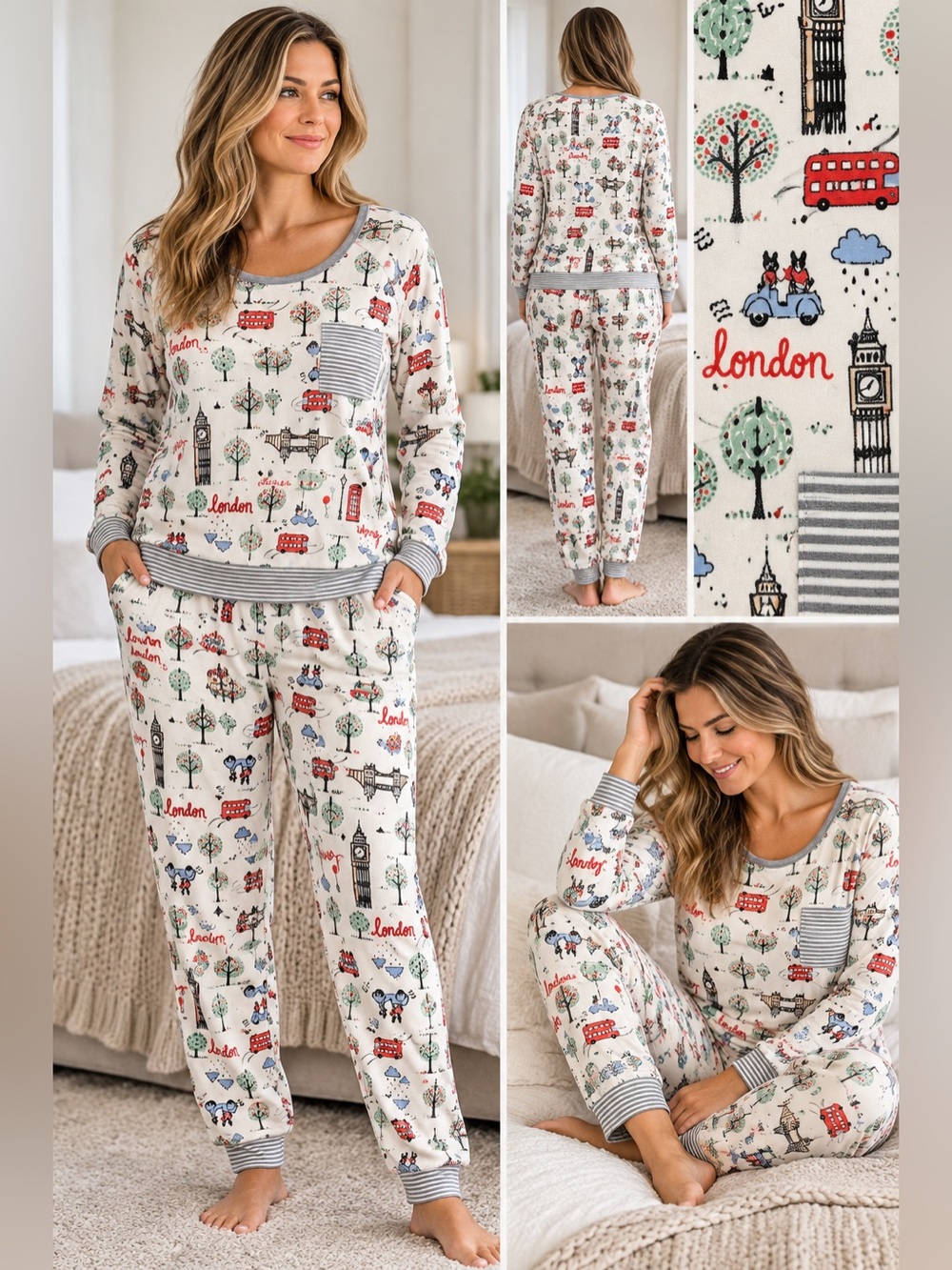 Cuddl Duds XL London UK Whimsical Print 2 Piece Pajama Set Long Sleeve Pants